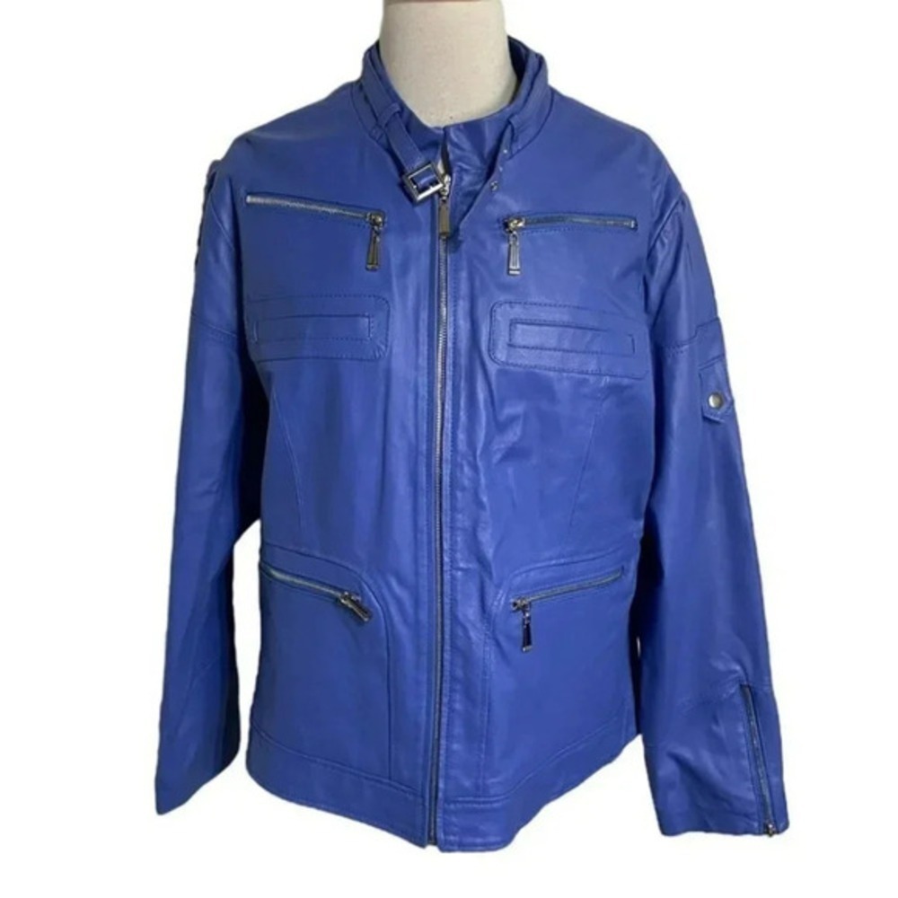 Avenue Jessica London Leather Moto Jacket 14 Blue Zip Pocket Biker‎ Mock Neck